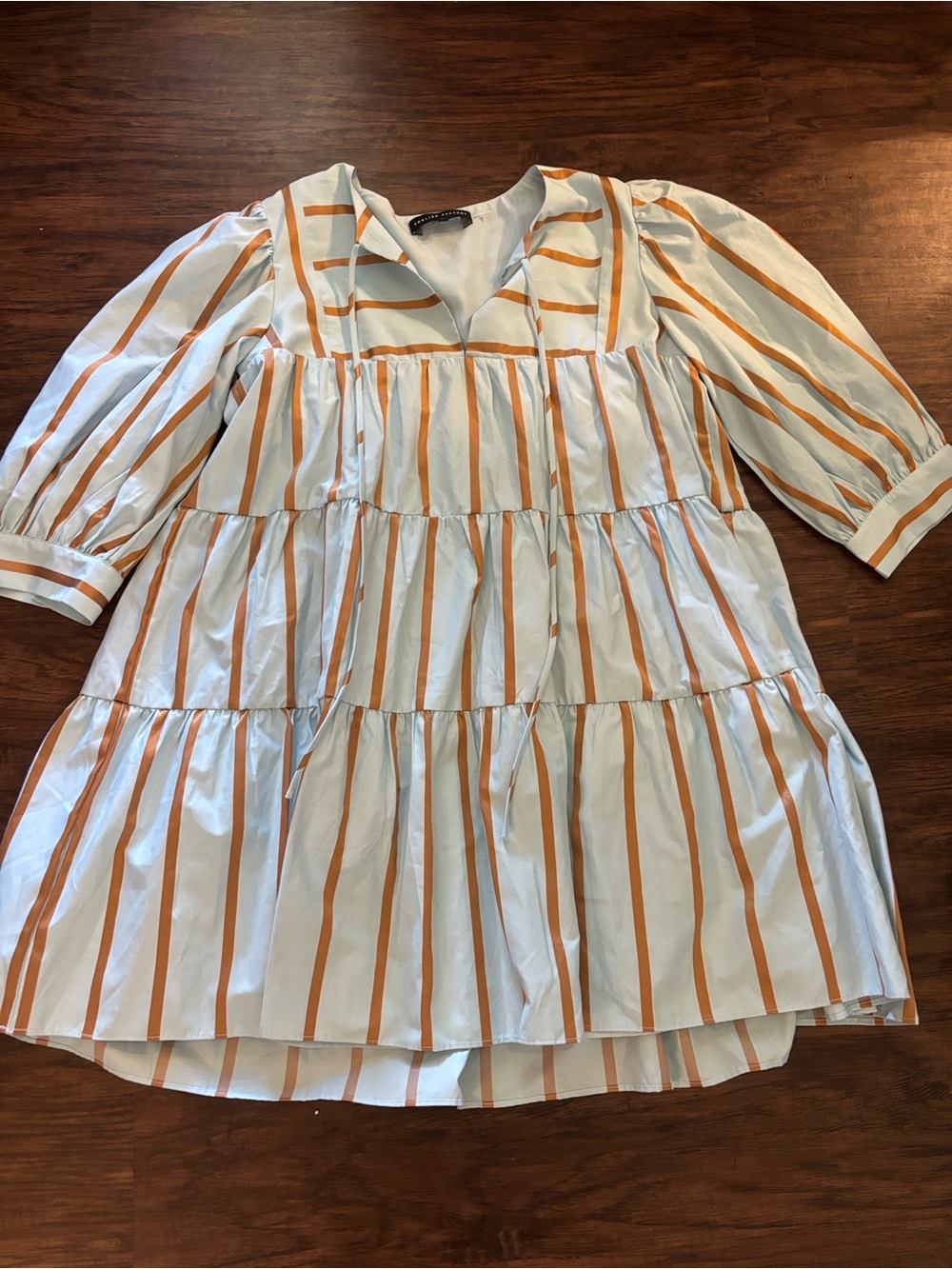 English Factory Striped Tiered Dress in Light Blue and Gold
